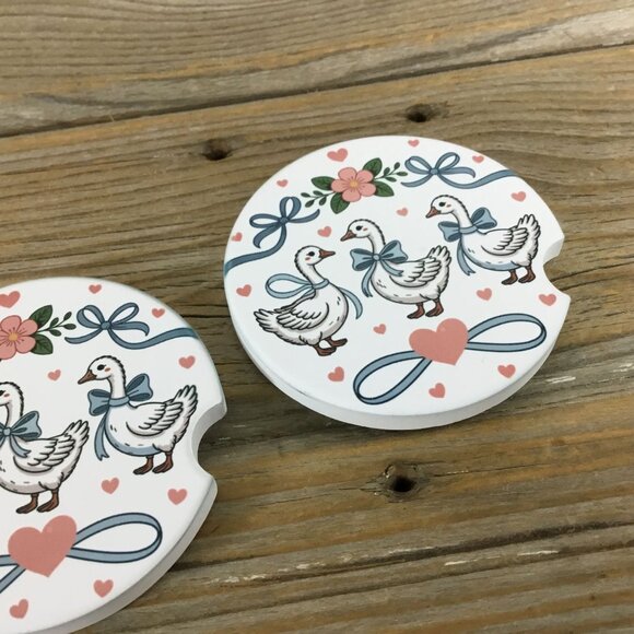 Goose with Bows and Hearts Floral Vintage Farmhouse Style Set of 2 Car Coasters - Picture 5 of 7